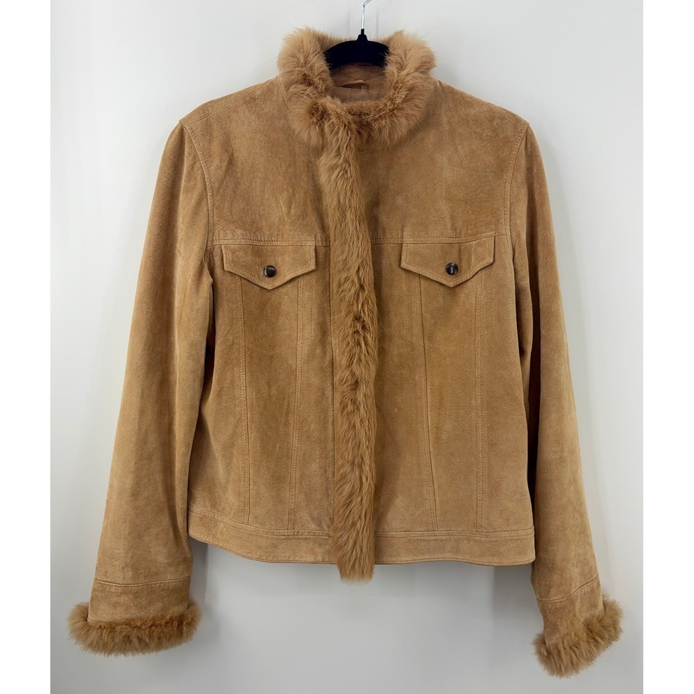 J1 Yvonne Marie Suede Leather Jacket Womens 12 Camel Tan Real Rabbit Fur Y2K